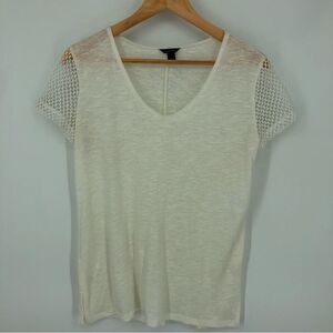 Ann Taylor Tee Womens Small‎ White Linen Crochet Sleeve Short Sleeve